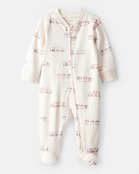 Baby Girl Train Print 100% Cotton Long-Sleeve Snug Fit Sleep & Play Pajamas - Cream