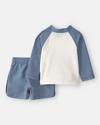 Baby Boy 3-Piece Palm Tree Long-Sleeve Rashguard Swimsuit Set - Blue/White