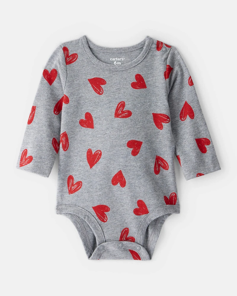 Baby Girl Heart Print Long-Sleeve Graphic Bodysuit - Grey
