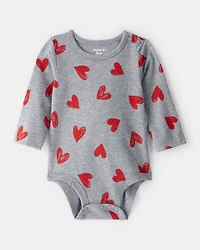 Baby Girl Heart Print Long-Sleeve Graphic Bodysuit - Grey