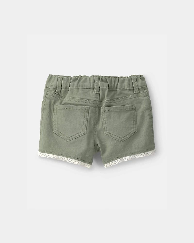 Baby Girl Eyelet Trim Twill Shorts - Olive