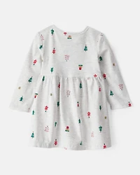 Baby Girl Christmas Tree Print Long-Sleeve Dress