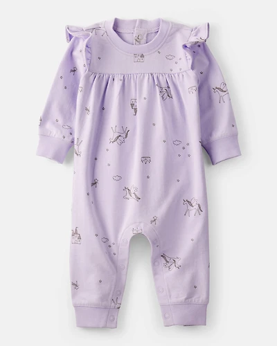 Baby Girl Unicorn Print Cotton Long-Sleeve Jumpsuit - Purple