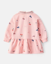 Baby Girl Art Print Collared Long-Sleeve Dress - Pink