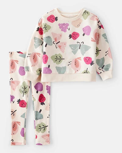 Toddler Girl Butterfly Fruit Print Cotton Long-Sleeve Tee & Pant Set - Ivory