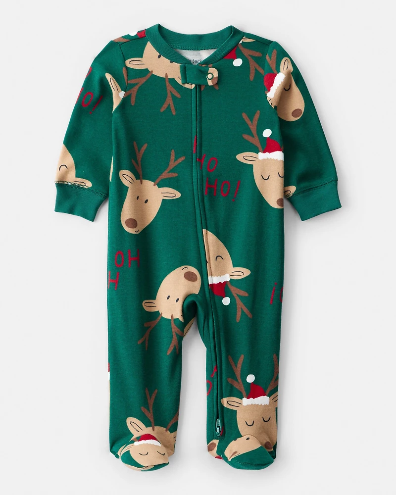 Baby Reindeer 100% Cotton Snug Fit 2-Way Zip Sleep & Play Pajamas - Green