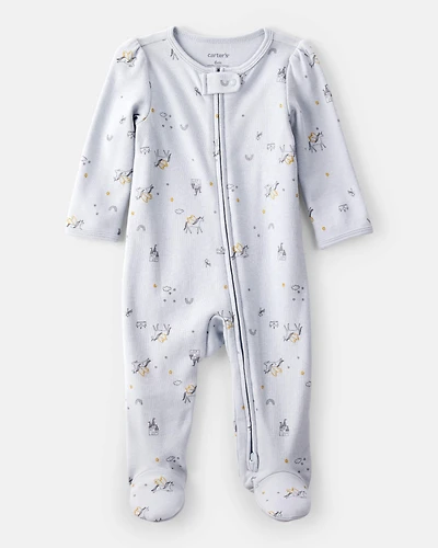 Baby Girl Unicorn Star Print 100% Cotton Long-Sleeve 2-Way Zip Sleep & Play Pajamas - Blue