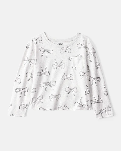 Girls Bow Print Long-Sleeve Top - Grey