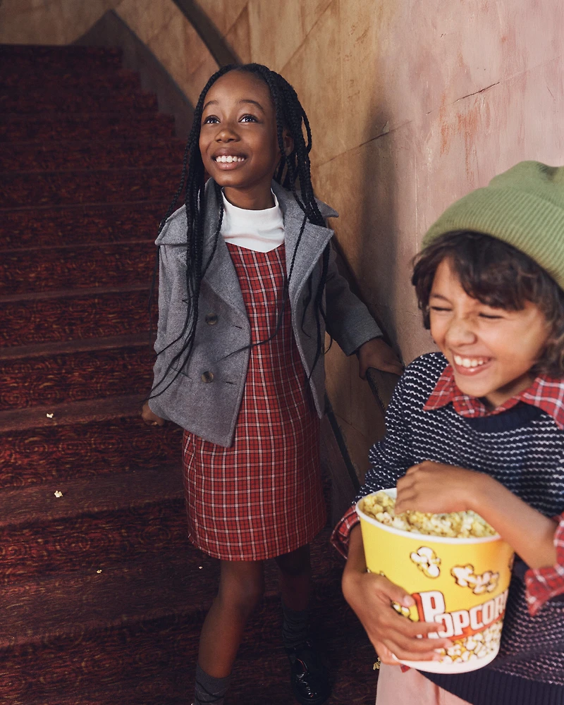 Girls 2-Piece Plaid Long-Sleeve Dress Set - Red