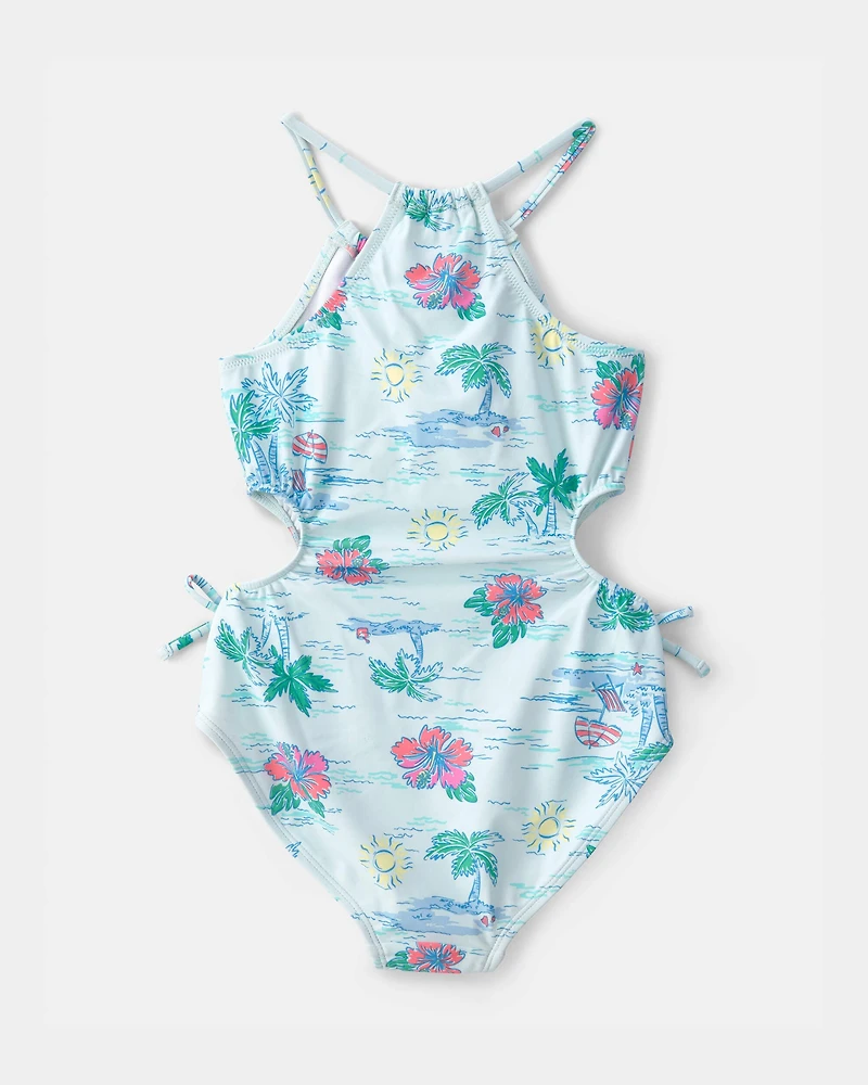 Girls 1-Piece Tropical Beach Swimsuit - Blue