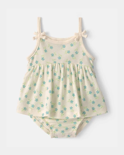 Baby Girl Floral Rib Sleeveless Bodysuit Dress - Cream