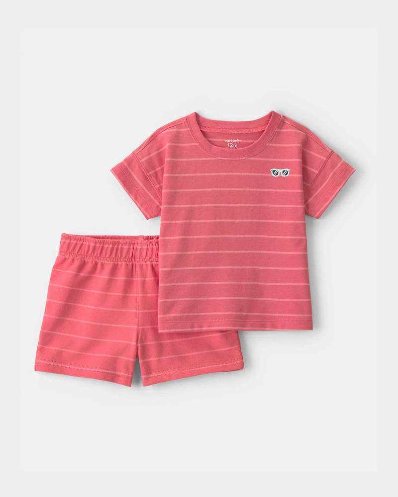 Toddler Boy 2-Piece Stripe Short-Sleeve Top & Short Set - Coral