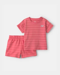 Toddler Boy 2-Piece Stripe Short-Sleeve Top & Short Set - Coral