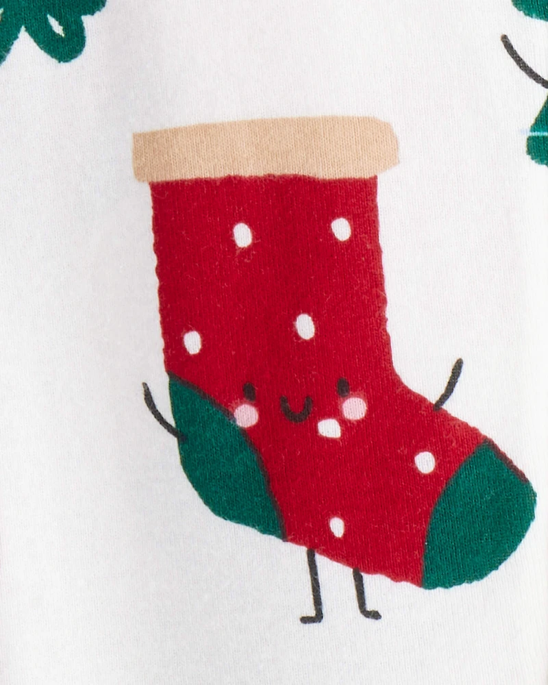 Toddler Festive Friends Christmas 100% Cotton Long-Sleeve Loose Fit 1-Piece Pajamas - White