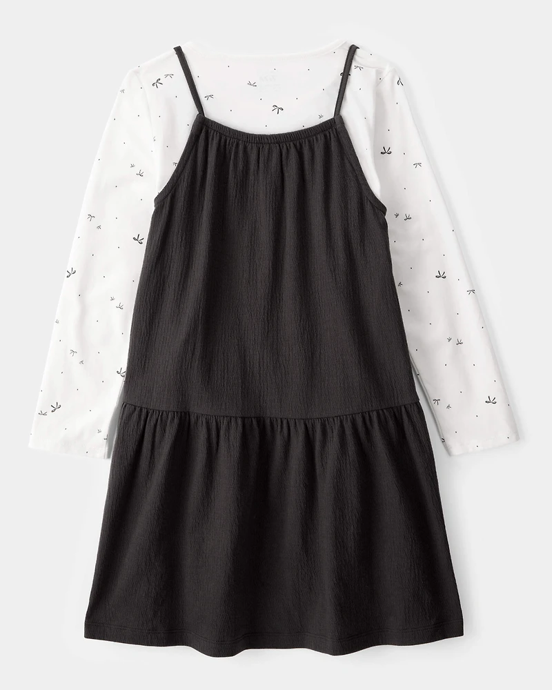 Kid 2-Piece Bow Print Tee & Tank Dress Set - Black/Ivory