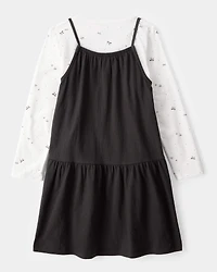 Kid 2-Piece Bow Print Tee & Tank Dress Set - Black/Ivory