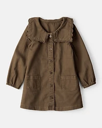 Toddler Girl Scalloped Collar Button-Down Long-Sleeve Dress - Brown