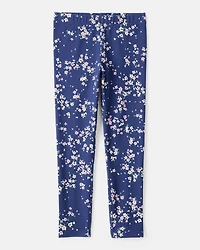 Girls Floral Cotton Pull-On Stretch Leggings - Navy