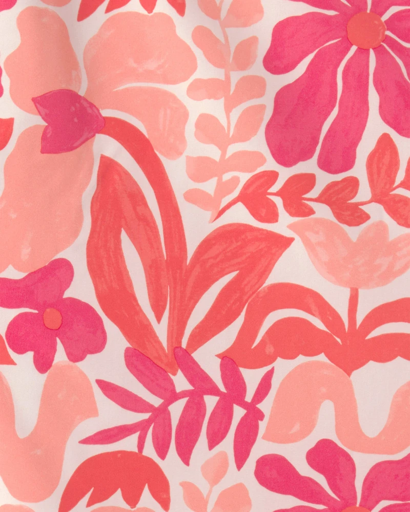 Girls 3-Piece Floral Long-Sleeve Rashguard Swimsuit Set - Pink/Orange