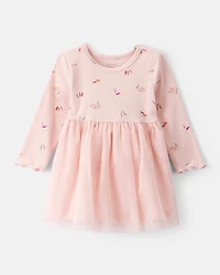 Baby Girl Heart Print Long-Sleeve Dress - Pink