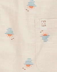 Baby Boy Button-Front Sunset Print Sleeveless Romper - Tan