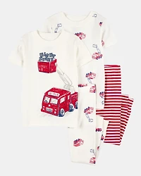 Toddler Boy 4-Piece Fire Truck Cotton Pajamas - White/Red