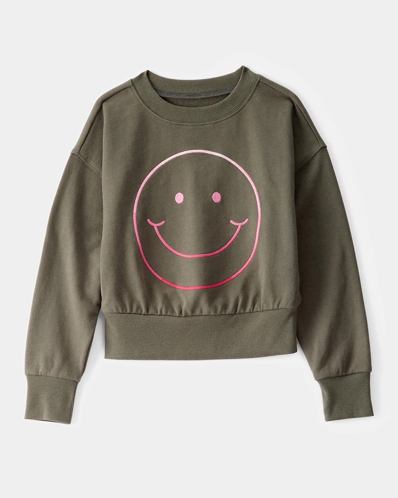 Girls 2-Piece Smiley Face Sweatshirt & Cargo Pants Set - Olive