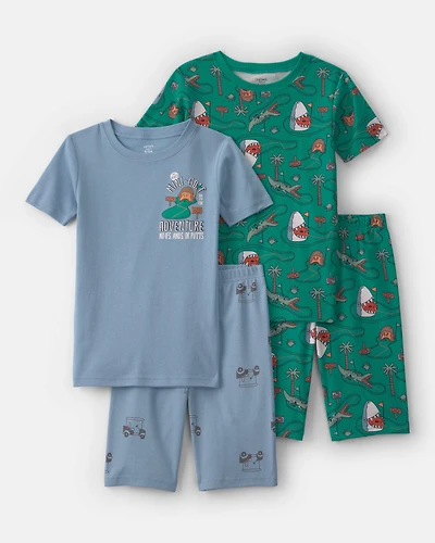 Boys Mini Golf 100% Cotton Short-Sleeve Snug Fit 4-Piece Pajama Set - Green/Blue