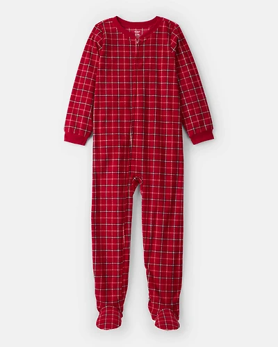 Kid Plaid Print Fleece Long-Sleeve Loose Fit 1-Piece Pajamas - Red