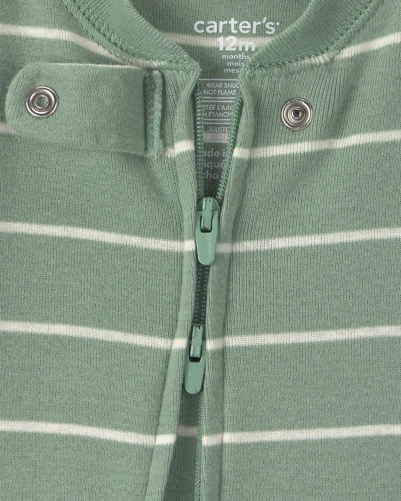 Baby Boy 1-Piece Dino Striped 2-Way Zip 100% Cotton Snug Fit Footed Pajama - Green