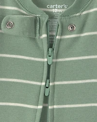 Baby Boy 1-Piece Dino Striped 2-Way Zip 100% Cotton Snug Fit Footed Pajama - Green