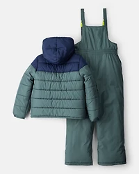 Boys 2-Piece Dinosaur Hooded Snowsuit Jacket & Bib Set - Green/Blue