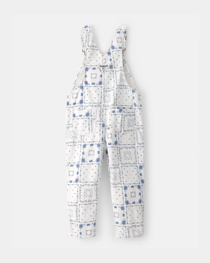 Toddler Girl Bandana Floral Overalls - Blue/Ivory