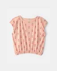 Girls Floral Short-Sleeve Top - Peach
