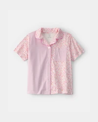 Girls Floral Stripe Short-Sleeve Loose Fit 2-Piece Pajama Set - Pink