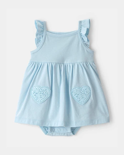 Baby Girl Heart Sleeveless Bodysuit Dress - Blue
