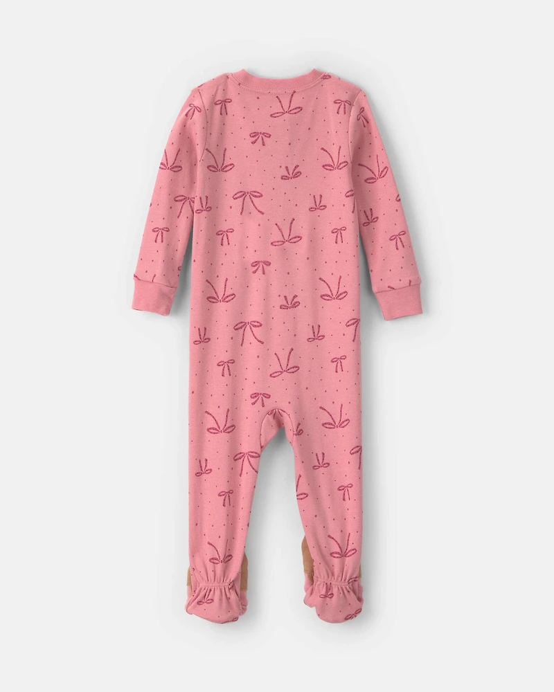 Baby Girl 1-Piece Bows 2-Way Zip 100% Cotton Snug Fit Footed Pajama - Pink