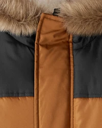 Boys 2-Piece Color Block Hooded Snowsuit Jacket & Bib Set - Brown/Black