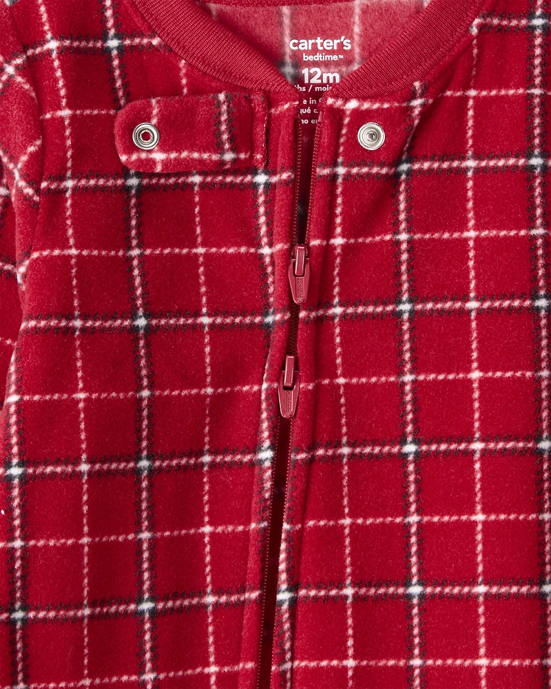 Baby Boy Plaid Print Fleece Loose Fit 1-Piece Pajamas - Red