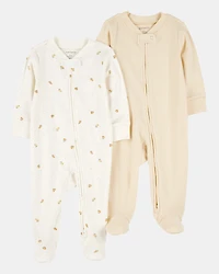 Baby 2-Pack 2-Way Zip Cotton Sleep & Play Pajamas - White/Beige