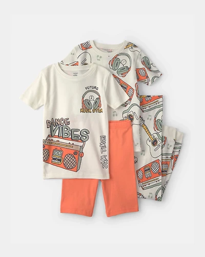 Boys 'Dance Vibes' 100% Cotton 4-Piece Pajama Set - Ivory/Orange