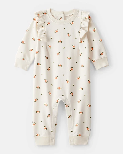 Baby Girl Floral Ruffle Cotton Long-Sleeve Jumpsuit - Cream