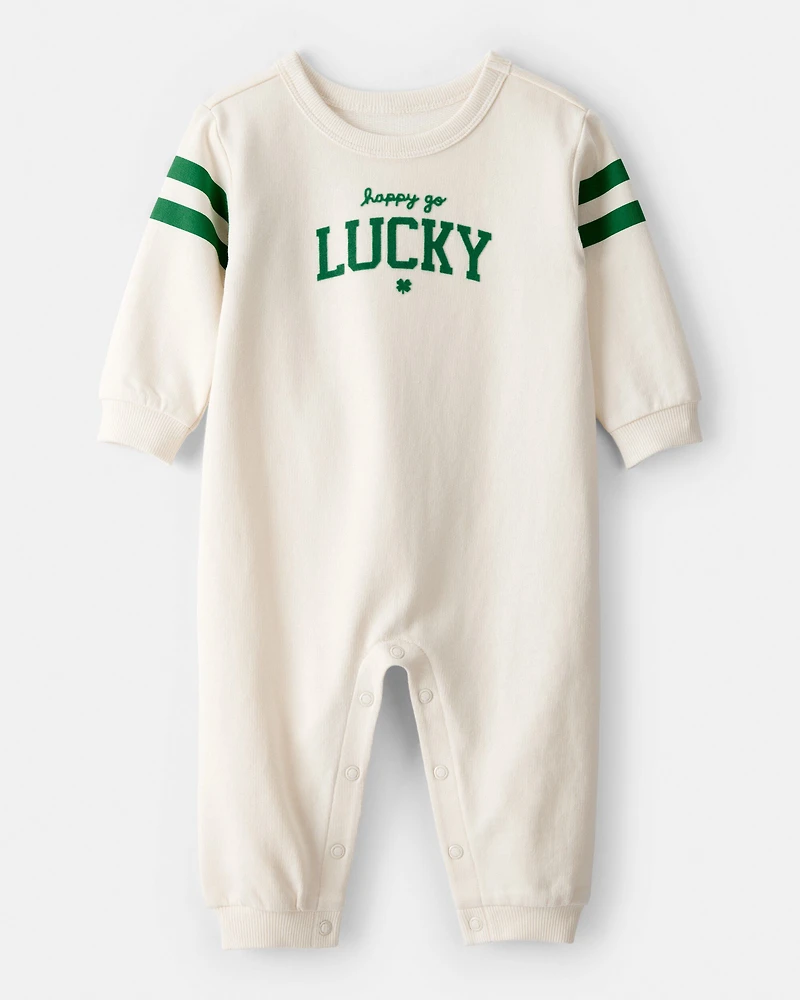 Baby St. Patrick's Day Lucky French Terry Long-Sleeve Jumpsuit - Cream