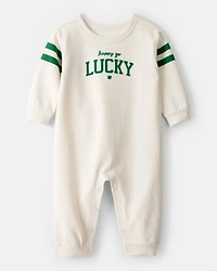 Baby St. Patrick's Day Lucky French Terry Long-Sleeve Jumpsuit - Cream
