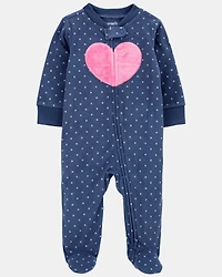 Baby Girl Heart Print Loose Fit Long-Sleeve Sleep & Play Pajamas - Navy