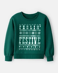 Girls Christmas Festive Long-Sleeve Pullover Sweatshirt - Green