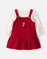 Baby Girl 2-Piece Candy Cane Print Long-Sleeve Top & Dress Set - Red