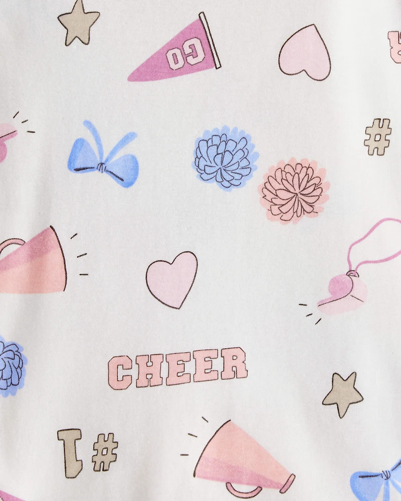 Girls Cheerleading Print 100% Cotton Long-Sleeve 4-Piece Pajamas - White/Pink
