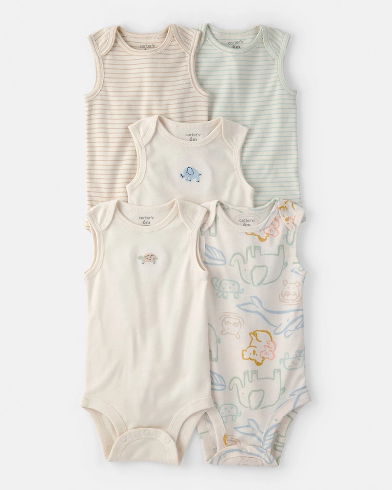 Baby 5-Pack Sleeveless Multipack Animal Bodysuits - Cream