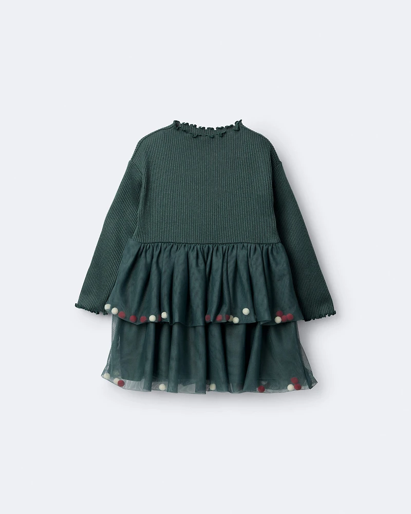 Toddler Girl Tree Pom Pom Long-Sleeve Tutu Dress - Green